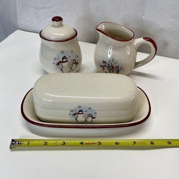 Royal Season Snowman Butter Dish Creamer Sugar Bowl Xmas Set - Picture 4 of 5